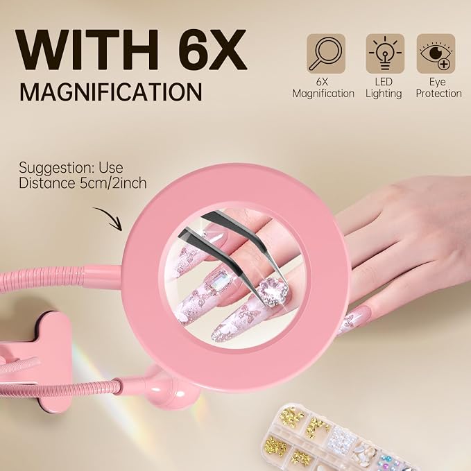AORAEM LED UV Nail Lamp with Double-Head and 6X Magnifier, Pink | Gooseneck Lamp for Gel Nails, Flash Cure Lamp for Home DIY Salon