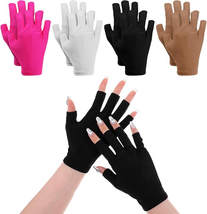 Bremorou 4 Pairs UV Gloves For Gel Manicures, Fingerless UPF UV Light Protection Gloves, Anti UVA UVB Gel Nail Lamp Glove for Gels Nail Lamp Fingerless for Prevent Hands from Harm for Women