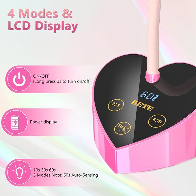 BETE Mini UV Nail Lamp Flash Cure Gel Nail Polish, 360° Foldable Gooseneck UV LED Nail Lamp with Smart Sensor, USB Portable Cordless 30W Rechargeable Nail Dryer with 3 Timers for Salon Home DIY