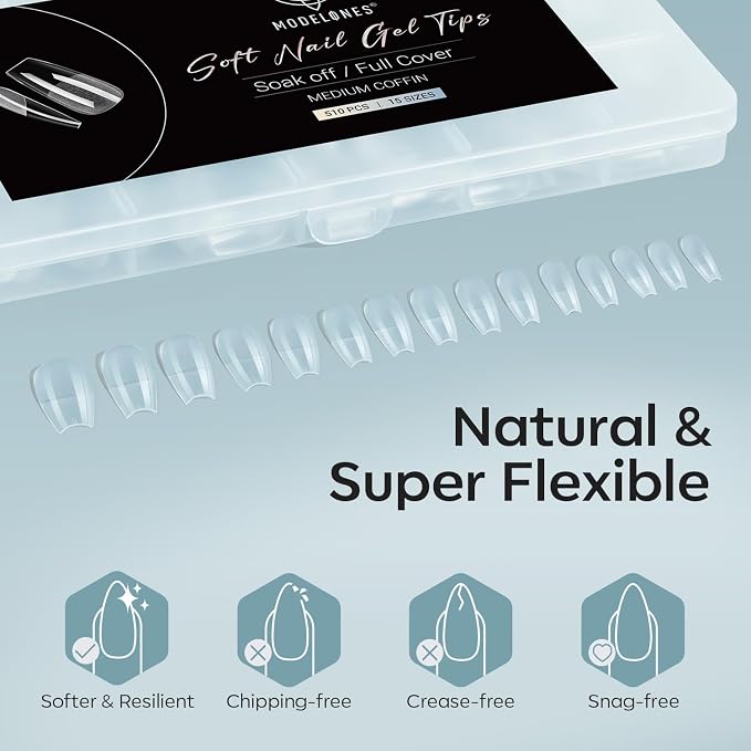 Modelones Medium Coffin Nail Tips 510pcs Soft Pre-etched Clear Press on | Half Matte Full Cover Clear Acrylic Gel Kit False Press on Nails for Extension DIY Salon 15Sizes