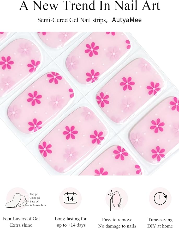 Semi Cured Gel Nail Strips (Hot Pink Daisy), 20 Pcs Gel Nail Wraps, Stickers, Salon Quality, Sun-Cured or UV-Cured