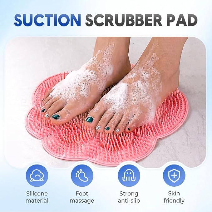 2 PC Silicone Body Scrubber Set,Foot Scrubber in Shower and Hand Held Silicone Face/Body Scrubber,Soft Wash Mitt,Shower Foot Scrubber Mat,Deep Cleaning Foot Brush Exfoliating Massage Cleaner (Pink)