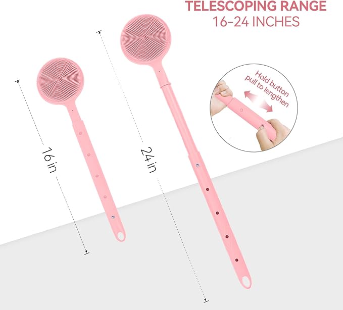 Back Scrubber for Shower, (16-24 Inch) Extendable Bath Brush Long Handle for Shower, Silicone Body Scrubber with Handle, Back Brush for Shower Men and Women,Easy to Clean (Pink)