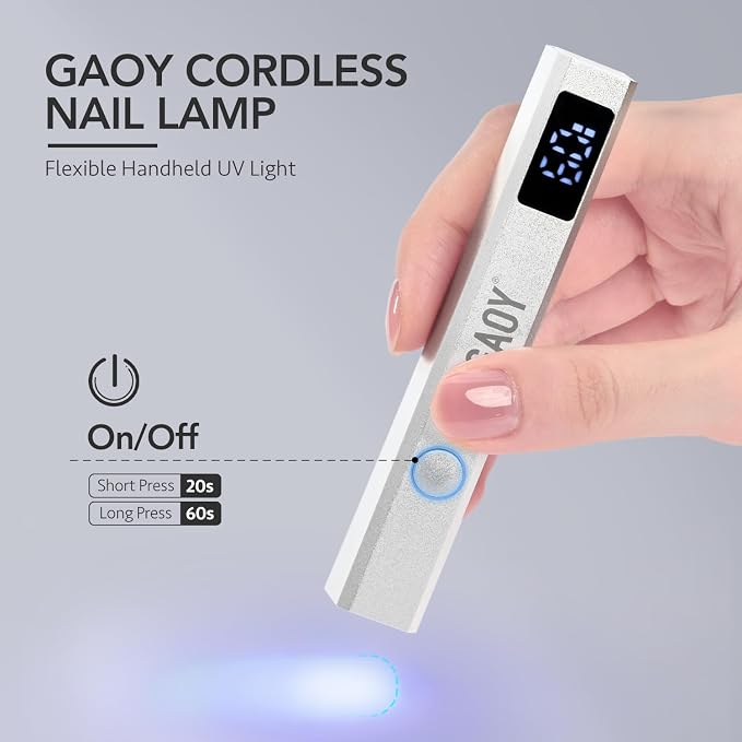 GAOY Handheld UV Light for Gel Nails with Stand, Cordless Nail Lamp, Silver | Rechargeable, LCD Display, USB, Nail Dryer, Fast Curing, Nail Fix, Travel, DIY at Home Salon, Gift for Women, Manicurist