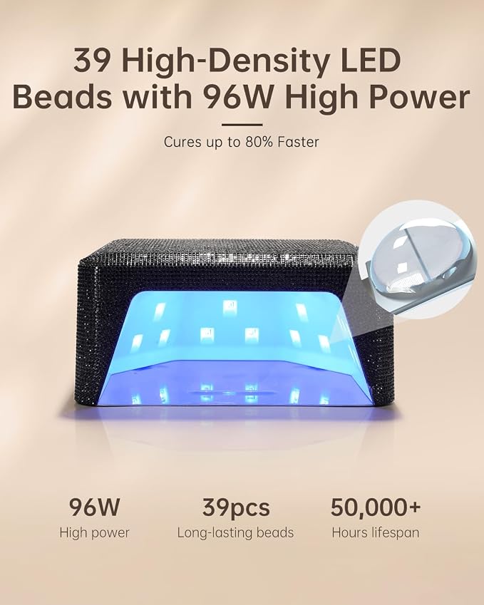 UV Light for Gel Nails, Cordless UV Nail Lamp, Professional Salon & Home | 39 Beads | 96W | 6000mAh Rechargeable | Smart Sensor | Detachable Base | 4 Timers | Rhinestone Black Diamond