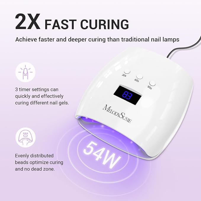 MelodySusie Detachable Base UV/LED Nail Lamp P-Plus30I for Hard Gel | 54W, 3 Timer Settings, Smart Sensor, LCD Display, 30 UV/LED Beads, Rhinestone Glue, Solid Nail Glue Gel, Liner Gel, White