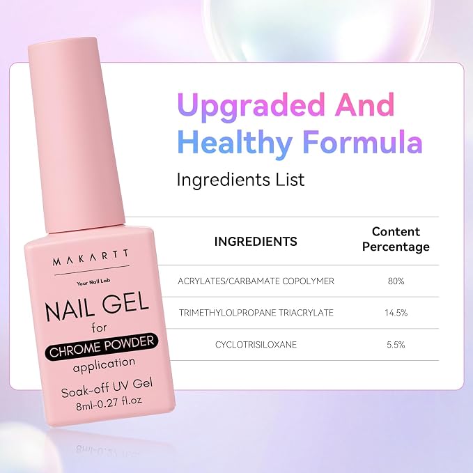 Makartt No Wipe Gel Top Coat for Chrome Nail Powder, Mirror Shine | Clear High Gloss Top Coat Gel Nail Polish, Long Lasting Soak-Off LED UV Lamp, DIY Home Salon Art Design Gifts