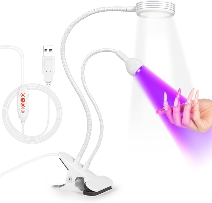 AORAEM UV LED Nail Lamp, Double-Headed Flash Cure Light, White | Curing Light for Gel Nails with Portable Gooseneck and Clamp, for Professional and Home DIY Salon