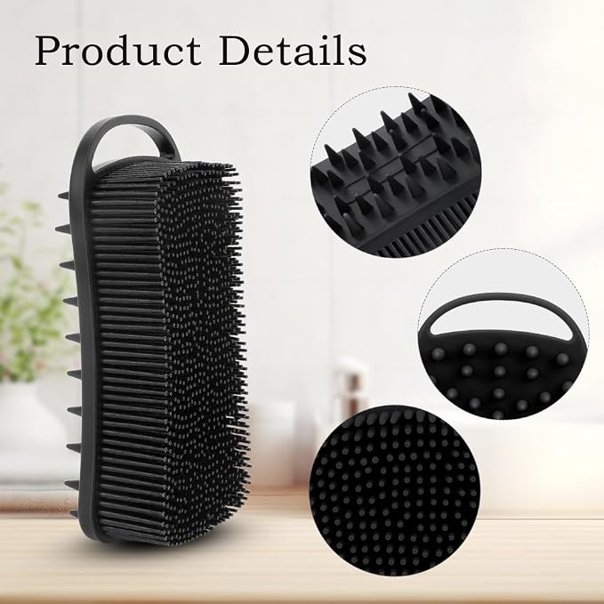 2 PCS Soft Silicone Body Scrubber, 2 in 1 Exfoliating Shower Bath Scrubber, Silicone Loofah Bath and Shampoo Brush Body Shower Use Shower Hair Scalp Massager, Easy to Clean, Lather Well (Black&Blue)
