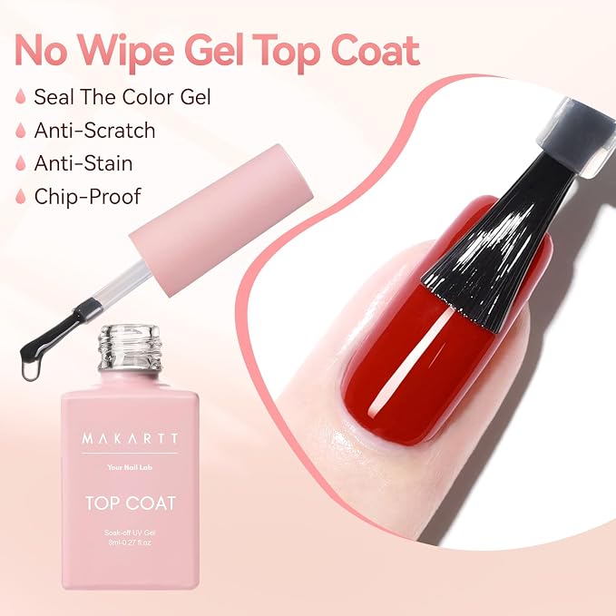 Makartt Gel Top Coat 2PCS: No Wipe, Long-Lasting Glossy Finish | Clear Nail Polish, Non-Yellowing, Pink Bottle, Soak Off with UV/LED Lamp, DIY Manicure Gift for Women
