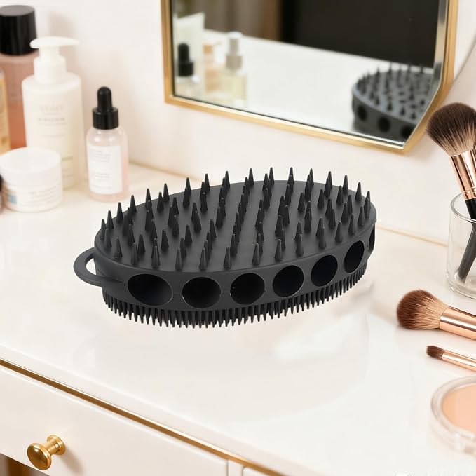 Silicone Body Scrubber with Double-Sided Bristles, Deep Cleaning Massage Brush, Flexible Design with Hanger Loop for Exfoliating and Scalp Care (Grey)