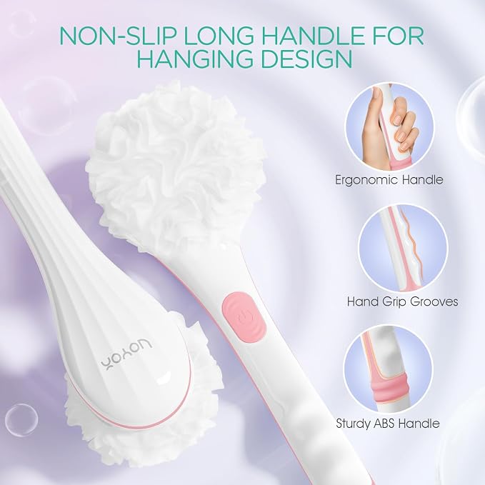 VOYOR Electric Body Brush Back Scrubber for Shower for Women Rechargeable | Exfoliating Bath Brush Powered Shower Brush with Non-Slip Long Handle Deep Cleansing, Exfoliating, Massage Brush, BC100, Pink