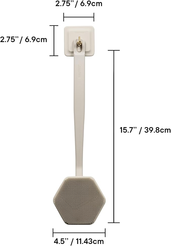 TOOLETRIES Silicone Back Scrubber for Shower with Hook - Sand | Long ergonomic bath brush with a non-slip grip for exfoliating and reaching hard-to-reach areas comfortably.