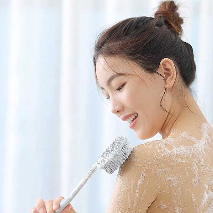 Bath Brush Double Sided Silicone Back Scrubber Bath Shower Long Handle Body Massage Brush Deep Blue