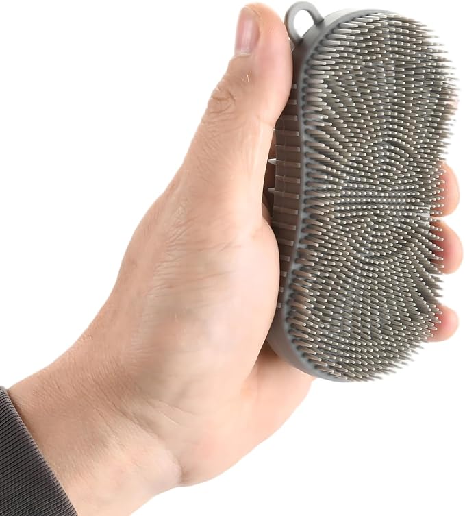 Silicone Body Scrubber, Double Sided Exfoliating Brush with Soft Flexible Bristles, Scalp Massage and Shampoo Tool with Hanger Loop(Grey)