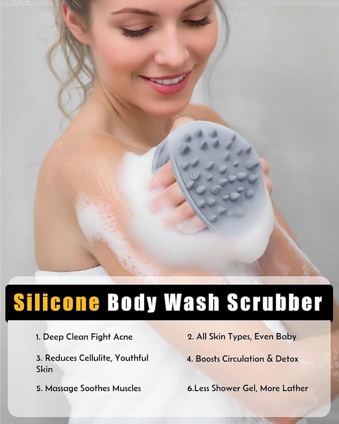 2 in 1 Silicone Body Scrubber, Anti Cellulite Massage Scrubber, Exfoliating Shower Brush for Men & Women, Removes Dead Skin, Reduces Cellulite, Improves Circulation, Fast Dry, Non Slip (1PC, Grey)