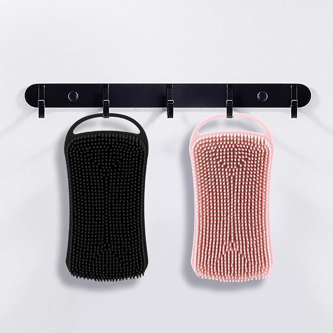 2 PCS Soft Silicone Body Scrubber, 2 in 1 Exfoliating Shower Bath Scrubber, Silicone Loofah Bath and Shampoo Brush Body Shower Use Shower Hair Scalp Massager, Easy to Clean, Lather Well (Black&Pink)