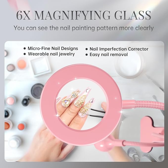 UV Nail Lamp with 6X Magnifier, 4 Brightness, Dual Light Mode | 6X magnifier, UV+LED dual light, 3 color temps, 360° gooseneck, for gel nails and crafts, salon and home DIY