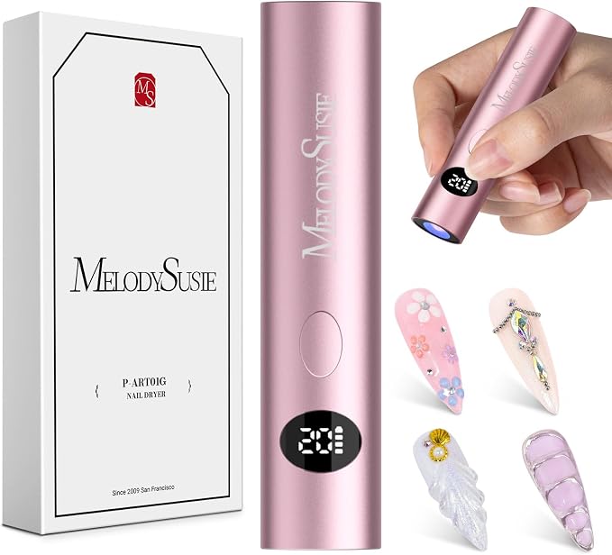 MelodySusie Handheld Flash Cure Nail Lamp P-ART01G Cordless Mini Nail Light | Optical Lens Enhance Spot Cure Builder Glue & Gel-X Tips, 20s/60s Timer, LCD Display, 450mAh Battery