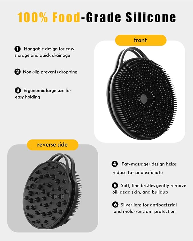 2 in 1 Silicone Body Scrubber, Anti Cellulite Massage Scrubber, Exfoliating Shower Brush for Men & Women, Removes Dead Skin, Reduces Cellulite, Improves Circulation, Fast Dry, Non Slip (1PC, Black)