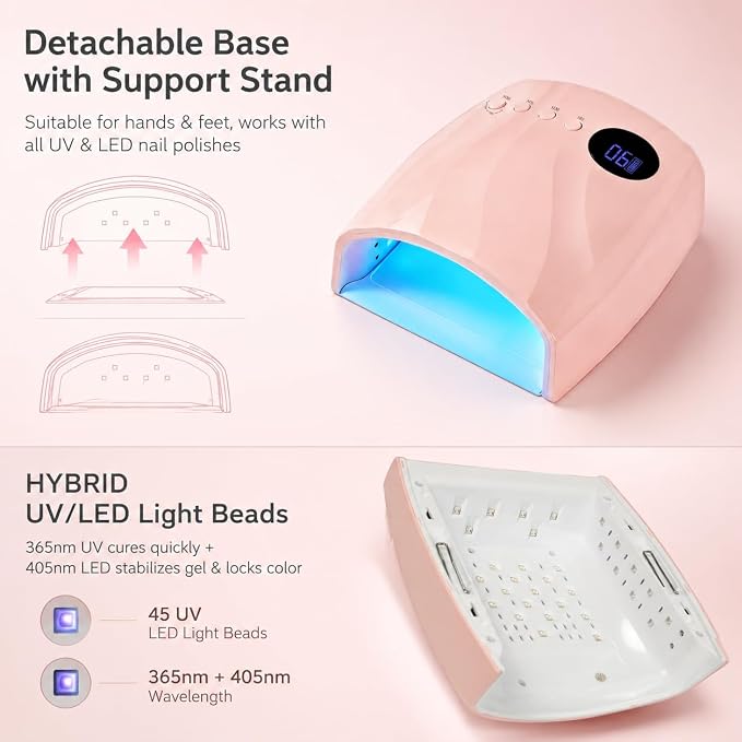 Cordless UV Nail Lamp, 96W UV LED Nail lamp for Gel Polish & Acrylic Nails, Fast Curing Nail Light with 4 Timers, Detachable Base, Auto Sensor, 45 LED Beads, Salon & Home Use (Pink)