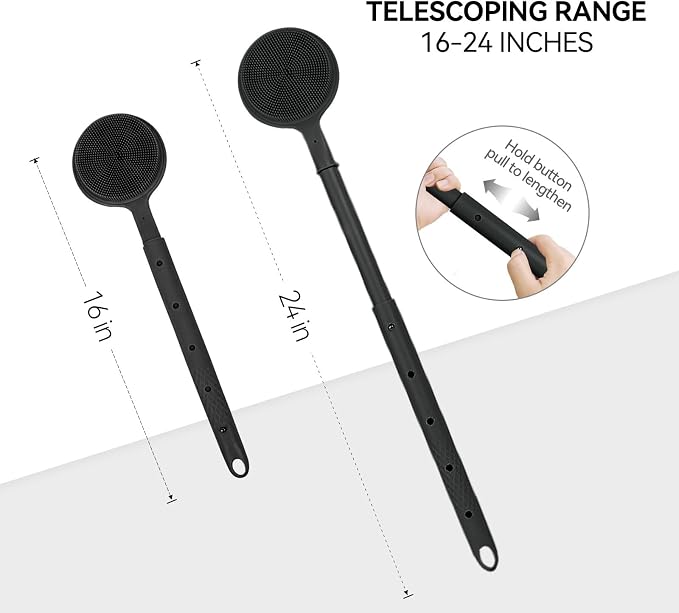 Back Scrubber for Shower, (16-24 Inch) Extendable Bath Brush Long Handle for Shower, Silicone Body Scrubber with Handle, Back Brush for Shower Men and Women,Easy to Clean (Black)