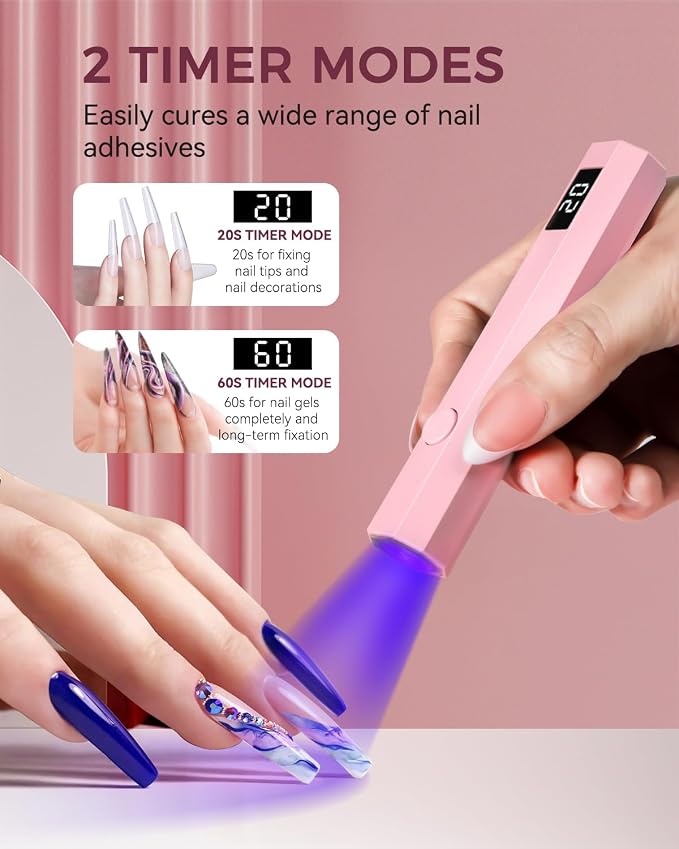 mlogiroa UV Nail Light Handheld UV Light for Nails | 3W Portable Led Lamp with 2 Timer Settings 20/60s for Gel Polish Home DIY Salon Women Pink