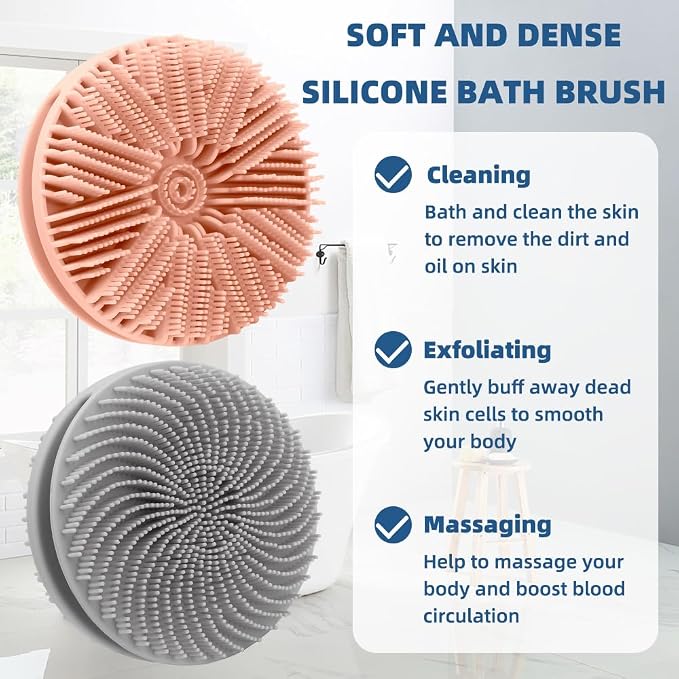 Silicone Body Scrubber, 2pcs Dual-Sided Silicone Loofah 2-in-1 Silicones Shower Scrubbers Exfoliating Body Scrubber for Women Men Soft Silicones Bath Shower Brush for All Skin Lather Well (Pink&Gray)