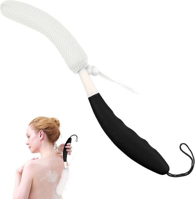 Back Bath Brush with Sponge, 15.39"Back Scrubber with Anti-Slip Long Handle | Back Scrubber for Shower, Curved Long Handle Bath Body Brush for Elderly Aid Bathing and Shower, Exfoliating Body Scrubber