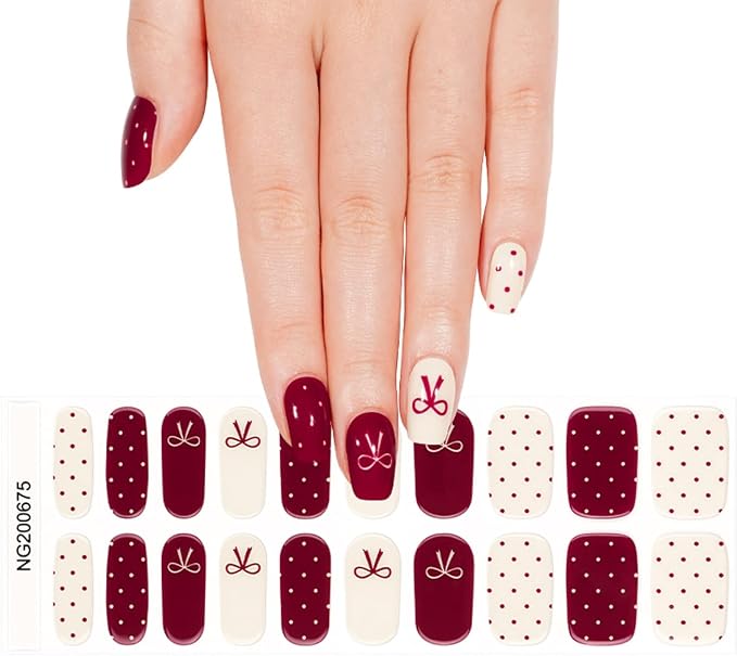 Polka Dot Semi Cured Gel Nail Strips - 20Pcs Burgundy UV Gel Nail Wraps with Polka Dots & Bow Design, Long Lasting Salon-Quality Stickers, Includes Nails File & Wooden Stick - UV/LED Lamp Required