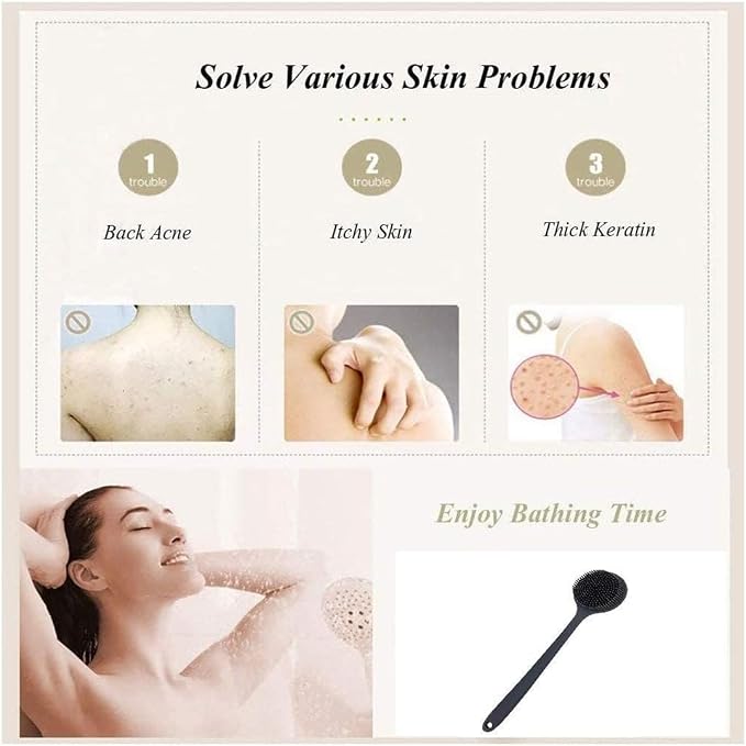 Long Handle Body Scrubber, 15 inch Length, Soft Silicone Bristles, Double-Sided Bath Brush for Back Exfoliation