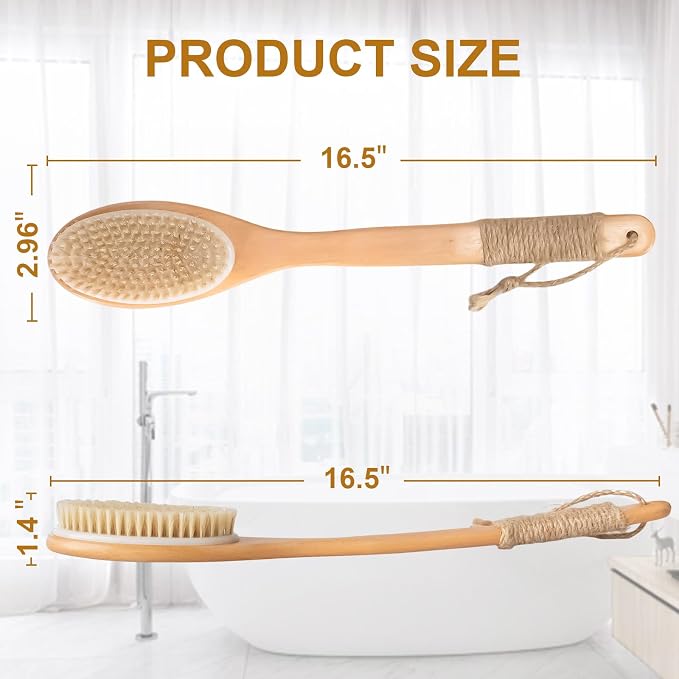 16.5 Inches Back Scrubber for Shower with Curved Long Handle,Wet&Dry Brushing Body Brush,Natural Bristles,Back Scrubber Bath Tool for Men & Women