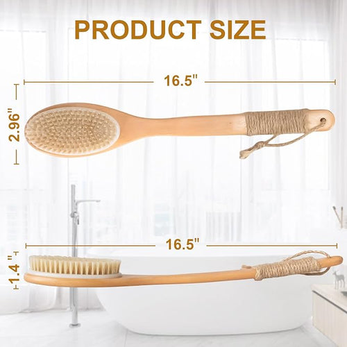 16.5 Inches Back Scrubber for Shower with Curved Long Handle,Wet&Dry Brushing Body Brush,Natural Bristles,Back Scrubber Bath Tool for Men & Women