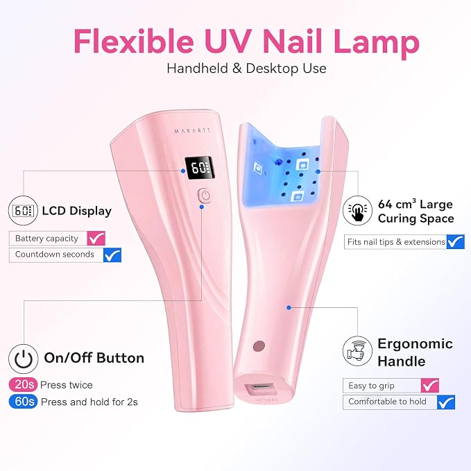 Makartt 3s Flash Cure UV Nail Lamp for Gel-X, Nail Glue Rhinestones Charms | 222 mW/cm² Handheld Rechargeable FinGlow Nail Light Nail Dryer with Sensor, LCD Display & 2 Timers, Home DIY Salon Use, Pink