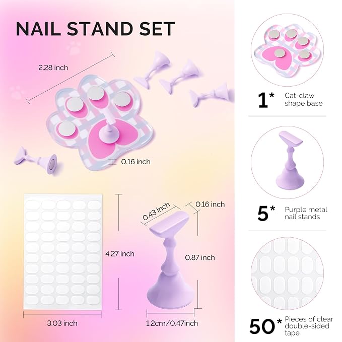 MelodySusie Update Nail Stand for Press Ons, Cute Cat Claw Magnetic Base for Painting Display Holder with Reusable Double-Sided Tape for Home DIY Salon Supplies, Rose Pink