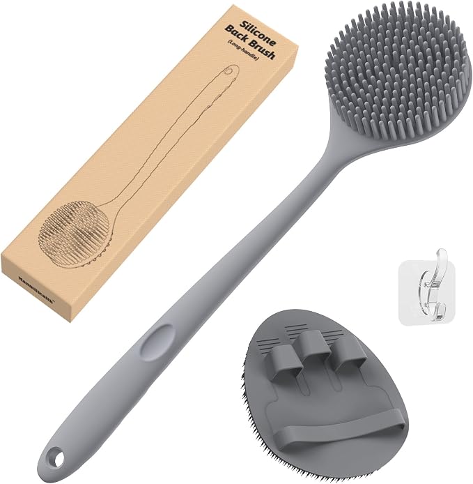 Manmihealth Silicone Back Scrubber & Soft Bath Glove Set 2PCS Gray | Super-Exfoliating Body Scrubber & Super-Lathering Shower Brush Combination, Thick Bristles, with a Free Hook