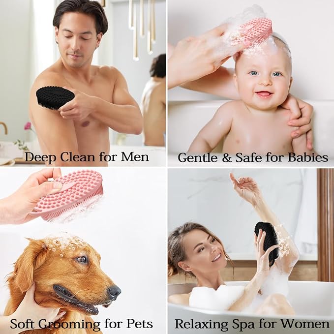 2 Pack Silicone Body Scrubber with Loofah Exfoliating Soft Body Shower Scrubber for Skin, 2 in 1 Bath and Shampoo Wash Brush for Skin Exfoliation Men Women (Black&Pink)