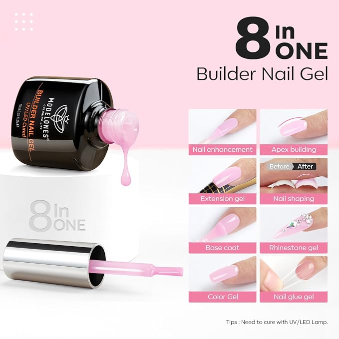 modelones Builder Nail Gel, 2 Pcs Clear and Baby Pink Builder Base Coat | Nail Polish, 8-in-One Rubber Base Gel Polish Pastel Pink Color Strengthener Apex Building Extension LED Lamp Cured 10ml