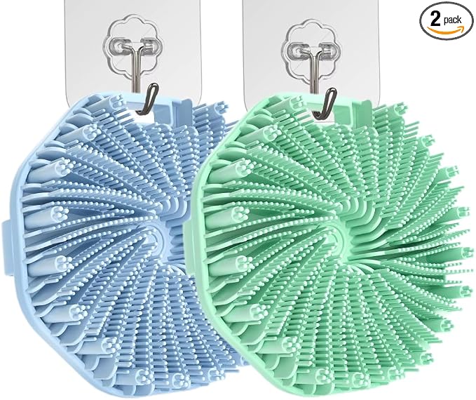 2Pcs Silicone Body Scrubber,Exfoliating Body Scrubbers for use in Shower,Silicone Body Brush for Showering and Anti-Slippery Handles for All Skin Types,Eco Friendly Shower Scrubber for Body （Blue）