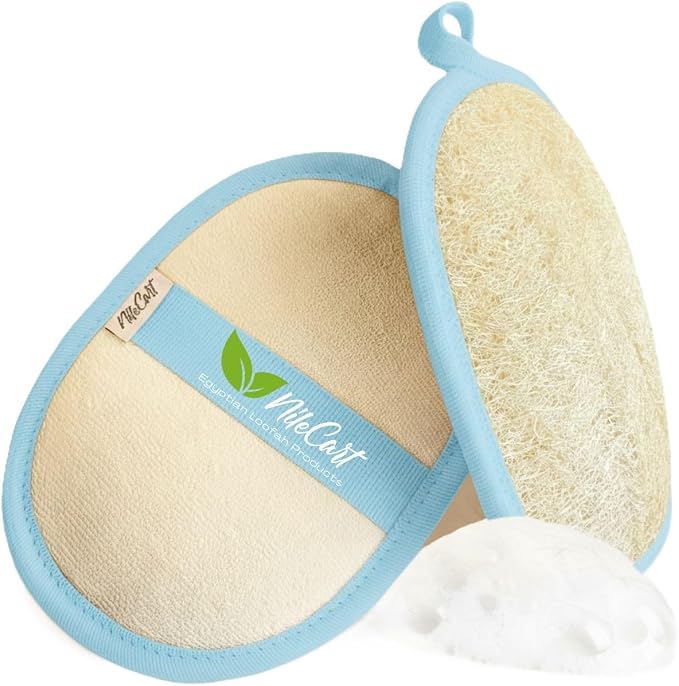 NileCart Natural Loofah for Women, Baby Blue, 2 Pack | Loofah Sponge Pads, Natural Body Exfoliator Scrubber, Made of Egyptian Luffa Sponges, For Bath & Shower