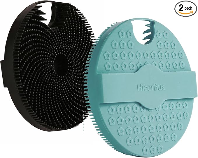 Silicone Body Scrubber Shower Brush 2 Counts,Super Exfoliating Body Brush with Non-Slip Strap-Effective Showering Exfoliation and Gentle Massage for Men Wome,Durable Use Brush (Black+Green)