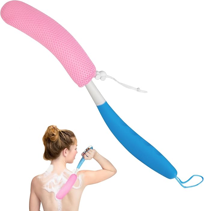 Back Scrubber for Shower,15.35" Long Handle Shower Brush for Body | Back Brush for Shower for Men Women, Long Handled Bath Sponge for Deep Clean,Exfoliating,Anti-Slip Curve Handled