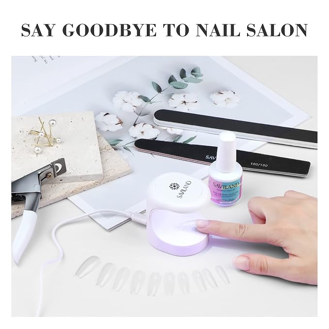 SAVILAND Gel Nail Kit Starter Set: 14-Day Last Nail Glue Gel and 500Pcs High Clear Nail Tips for Press On 10 Sizes Mini U V Nail Lamp Nail Clipper Manicure Tools Easy Use for Home Salon and Nail Care