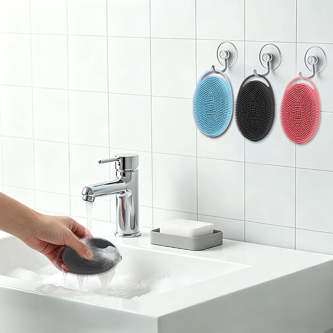 Silicone Body Scrubber 3 Pack Silicone Loofah Exfoliating Body Scrubber Soft Silicone Shower Brush with Handle Double Sided Bath Body Brush for Women Men Cleaning Massage Sensitive Skin, Lather Well