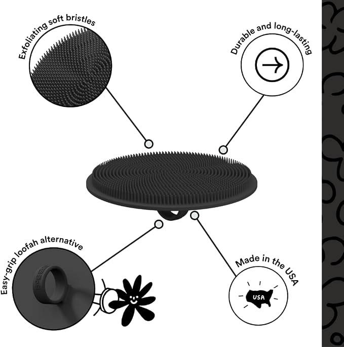 Boie USA Loop Body Scrubber - Soft Silicone-Like Exfoliating Shower Scrubber, Body Cleansing Brush - Hang-to-Wall Loofah Replacement - Body Exfoliator for All Skin Types (Black)
