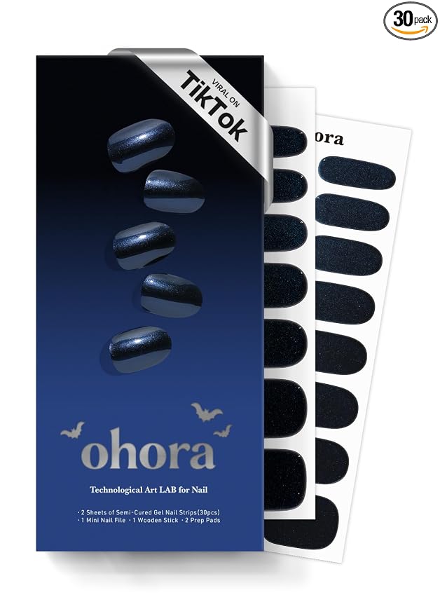 ohora Semi Cured Gel Nail Strips (N Navy Chrome) - Works with Any Lamps, Salon-Quality, Long Lasting, Easy to Apply & Remove - Includes 2 Prep Pads, Nail File & Wooden Stick