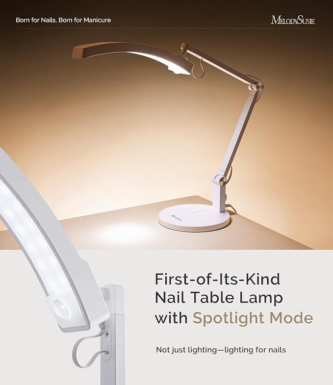 MelodySusie Multi-Functional Manicure Table Lamp S-Pro25A for Nail Techs | Professional Nail Desk Light with Adjustable Arm, Dimmable Brightness & 3 Color Temperatures for Nail Art