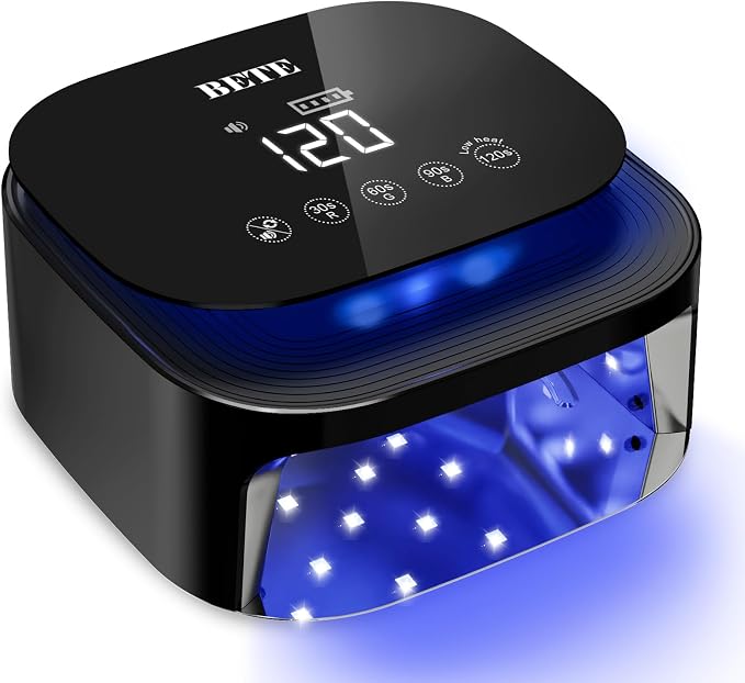 BETE 60W Cordless UV LED Nail Lamp - Rechargeable Gel Polish Dryer with Auto Sensor, 30 Beads & 4 Timer Settings Portable for Home/Salon Black