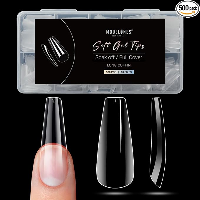 Modelones Long Coffin Nail Tips 500pcs Fake Nails Gel Clear | Fake Nails Gel Soft Acrylic Press on Pre-shape Full Cover Gel Extension Home DIY Salon Art Design 10 Sizes