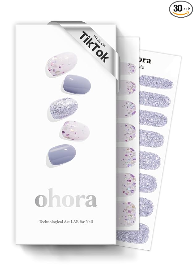 ohora Semi Cured Gel Nail Strips (N Afterglow) - Blue, Glitter, Works with Any UV/LED Lamps, Salon-Quality, Long Lasting, Easy to Apply & Remove - Includes 2 Prep Pads, Nail File & Wooden Stick